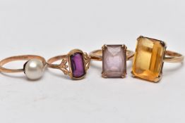 FOUR GEM SET RINGS, the first a 9ct yellow gold ring, set with a large rectangular cut citrine,