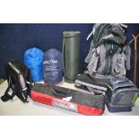 CAMPING EQUIPMENT to include a large Eurohike backpack, small Thermos cooler/lunchbox, a new