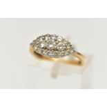 AN 18CT GOLD DIAMOND CLUSTER RING, a navette shaped cluster ring comprised of nineteen round