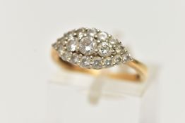 AN 18CT GOLD DIAMOND CLUSTER RING, a navette shaped cluster ring comprised of nineteen round