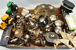 A BOX OF ASSORTED WHITE METAL WARE AND TOY TRACTORS, to include a white metal floral detailed