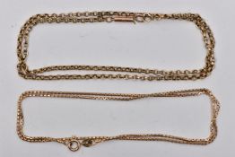 A 9CT GOLD CHAIN AND YELLOW METAL CHAIN, the first a yellow gold box link chain, fitted with a
