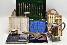 A BOX OF ASSORTED WHITE METAL WARE AND CUTLERY, to include a wooden canteen of ‘Oneida’ stainless
