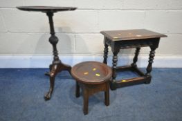 A CARVED OAK JOINT STOOL, with a later top, width 46cm x depth 28cm x height 46cm, along with