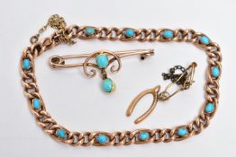 A CURB LINK BRACELET, BROOCH AND A CHARM, the rose tone curb link bracelet, twelve oval links are