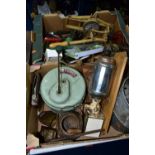 TWO BOXES OF KITCHENALIA, to include a wall mounted coffee grinder, Legumex, a lockable Midland Bank