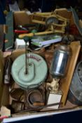TWO BOXES OF KITCHENALIA, to include a wall mounted coffee grinder, Legumex, a lockable Midland Bank