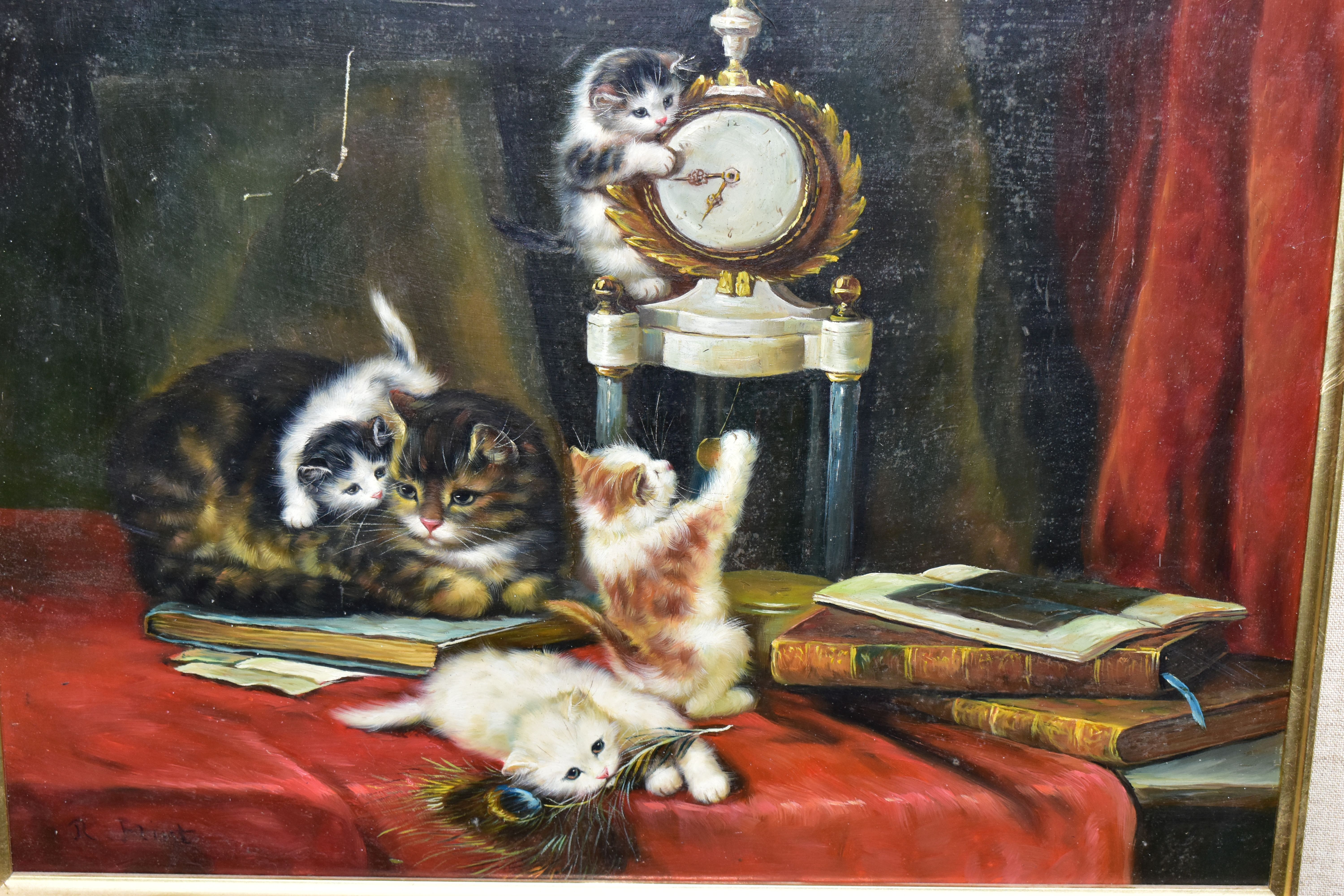 R. FLINT (20TH CENTURY) 'A CAT WITH KITTENS AT PLAY', signed bottom left, oil on wooden panel, - Image 2 of 4