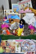 A BOX OF ASSORTED TOYS ETC to include a Disney Micky Mouse wearing a bunny suit soft toy, a Puppet