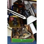 TWO BOXES OF METALWARE AND SUNDRIES, to include a collection of vintage corkscrews and nut crackers,
