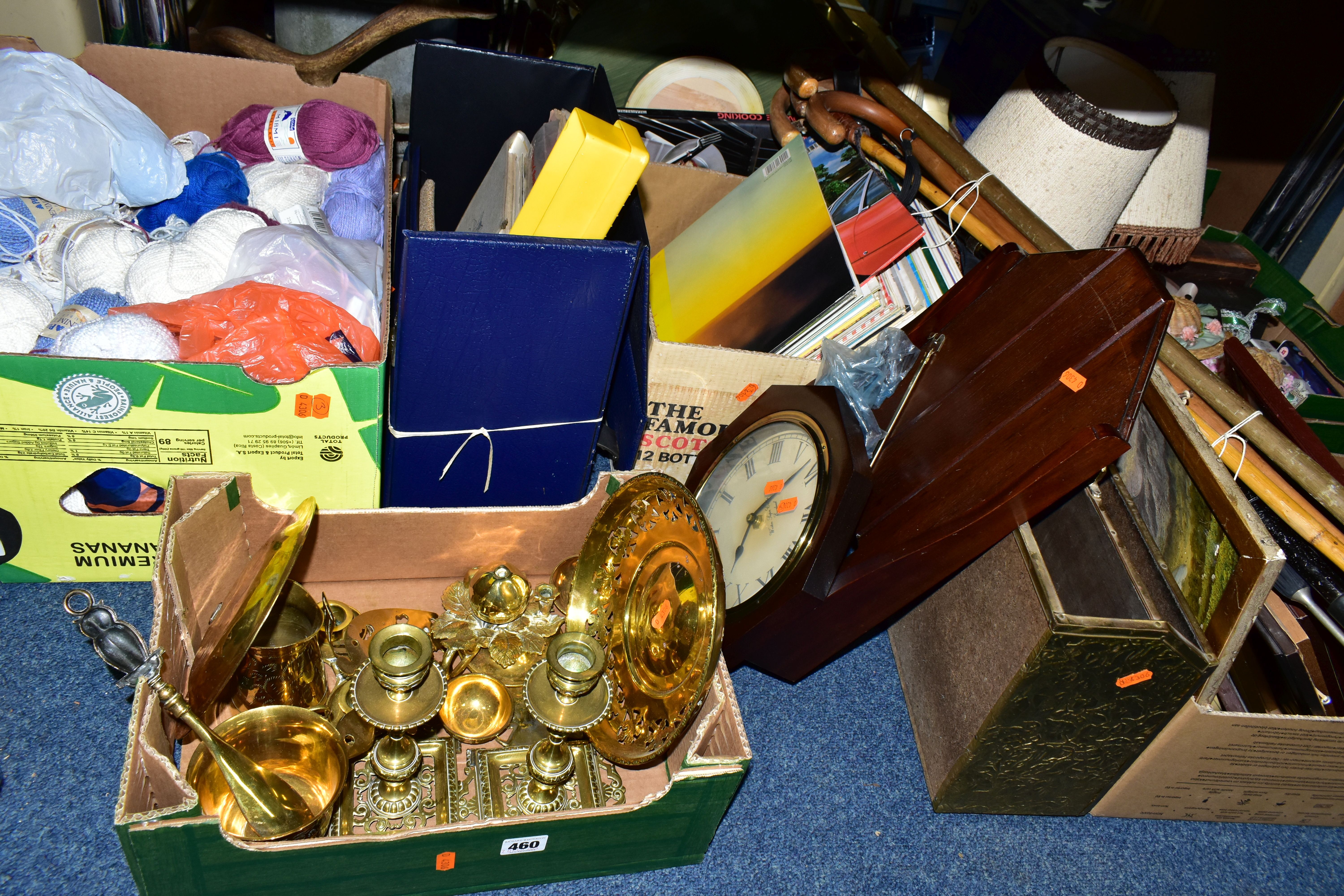 FIVE BOXES AND LOOSE RECORDS, METAL WARES, PICTURES AND SUNDRY HOMEWARES, to include a box of