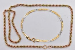 A 9CT GOLD ROPE TWIST CHAIN AND A BRACELET, the bi-colour rope twist chain, fitted with a spring