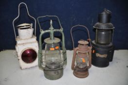 FOUR VINTAGE LANTERNS to include a white enamelled GWR tail lamp, Vintage ships lantern with plaques