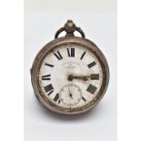 A SILVER OPEN FACE POCKET WATCH, key wound movement, white dial signed 'English Lever by A Yewdall