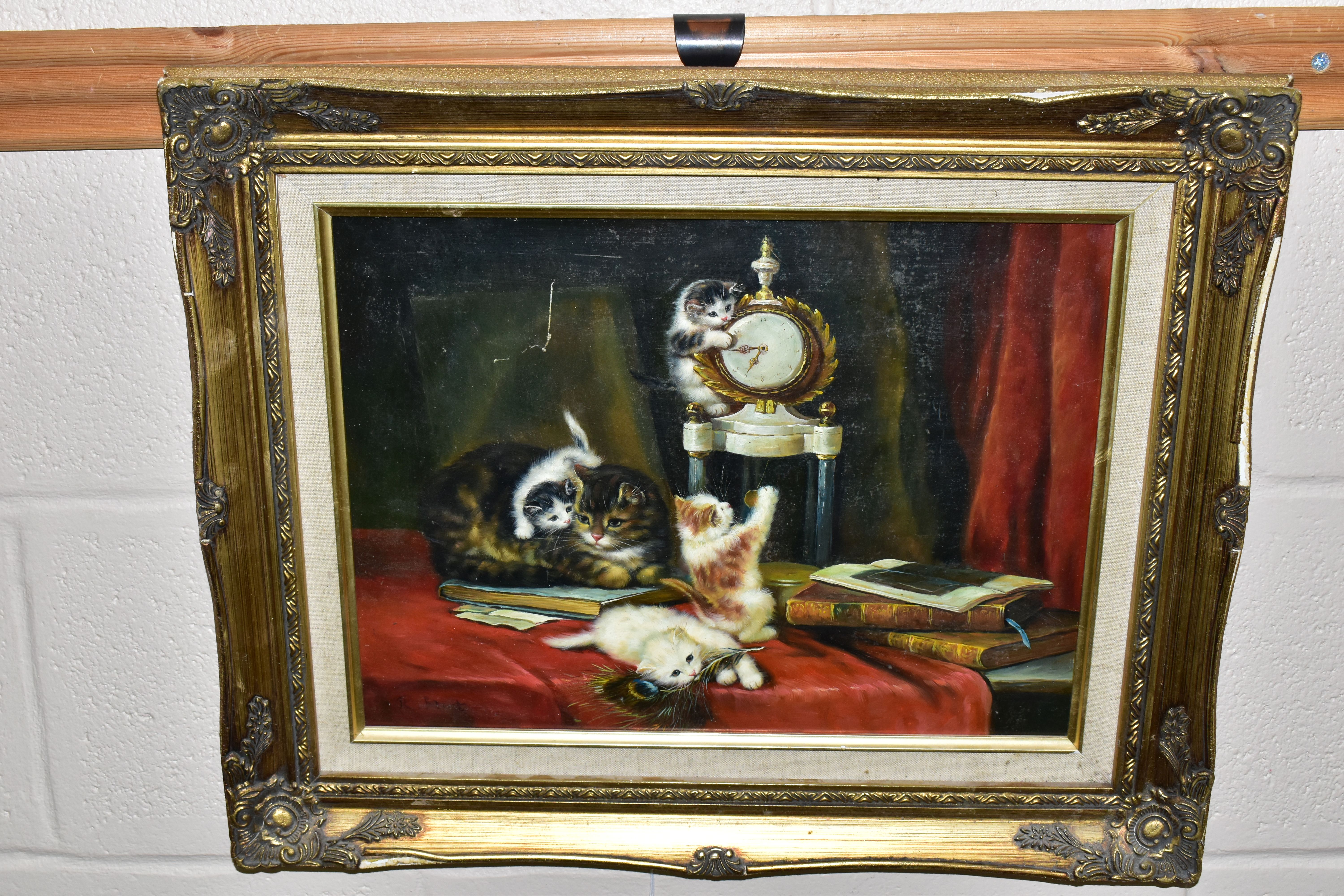 R. FLINT (20TH CENTURY) 'A CAT WITH KITTENS AT PLAY', signed bottom left, oil on wooden panel,