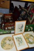 FIVE BOXES OF SUNDRIES, to include a collection of framed prints, Chinese watercolours on silk,