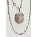 A LATE VICTORIAN SILVER LOCKET AND A WHITE METAL BELCHER CHAIN, the oval hinged locket, decorated