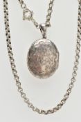 A LATE VICTORIAN SILVER LOCKET AND A WHITE METAL BELCHER CHAIN, the oval hinged locket, decorated
