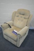 A HSL BEIGE UPHOLSTERED ELECTRIC RISE AND RECLINE ARMCHAIR (pat pass and working)