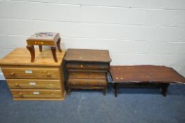 A SELECTION OF OCCASIONAL FURNITURE, to include an oak bombe chest of three drawers, width 65cm x