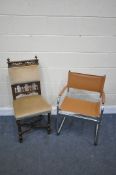 A CHROME AND TAN LEATHER CANTILEVER CHAIR, along with a carved oak hall chair, on fluted legs, and a