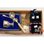 A BOXED SILVER EGG CUP AND SPOON SET, WITH OTHER ITEMS, polished egg cup with gilt interior,