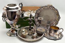 A BOX OF ASSORTED WHITE METAL TABLEWARE, to include a revolving cover butter dish, a tea urn, a four