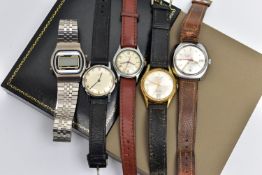 FIVE GENTS WRISTWATCHES, to include a 'Cauny, Swiss 17 rubies', watch, manual wind, round silver