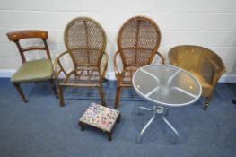 FOUR VARIOUS CHAIRS, including a Lloyd loom basket chair, together with a circular glass top table