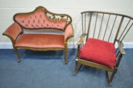A LATE 20TH CENTURY ITALIAN WINDOW SEAT, length 107cm, and an arch back rocking chair (condition:-
