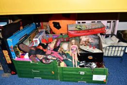 THREE BOXES OF VINTAGE DOLLS AND BOARD GAMES, to include an Elizabeth Anne porcelain head doll, a
