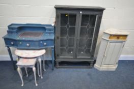A SELECTION OF PAINTED FURNITURE, to include a grey lead glazed two door display cabinet, width 87cm
