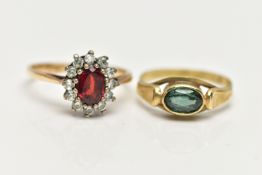 TWO GEM SET RINGS, the first a 9ct yellow gold cluster ring, set with a central claw set, oval cut