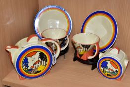 A MOORLAND POTTERY CHELSEA WORKS TEA SET, in the style of Clarice Cliff, comprising a teapot, a