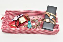 A BASKET TRAY WITH LADYS WRISTWATCHES, to include a small quantity of lady's watches with names to