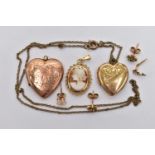 A CAMEO PENDANT, TWO LOCKETS AND EARRINGS, the carved shell cameo, depicting a lady in profile,