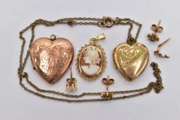 A CAMEO PENDANT, TWO LOCKETS AND EARRINGS, the carved shell cameo, depicting a lady in profile,