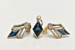 A PAIR OF EARLY 20TH CENTURY FRENCH, 18CT GOLD SAPPHIRE AND DIAMOND EARRINGS AND PENDANT, each