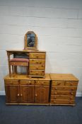A SELECTION OF PINE FURNITURE, to include a sideboard, with three drawers, above three cupboard