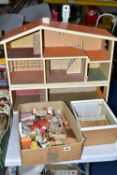 A 1970'S STYLE DOLLS HOUSE WITH FURNITURE AND ACCESSORIES ETC, together with a diorama depicting a
