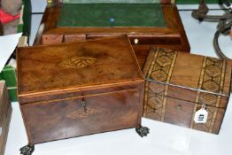 THREE VICTORIAN WOODEN BOXES, comprising a Tunbridge ware tea caddy, mahogany tea caddy with key and