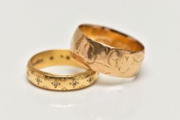 TWO 18CT GOLD BAND RINGS, the first a wide band with worn floral engraving, approximate width 8mm,