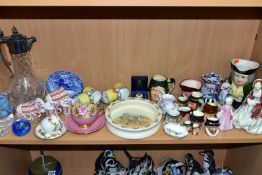 A GROUP OF CERAMICS AND GLASS WARES, to include Royal Doulton Her Ladyship HN1977 and Tinkle Bell