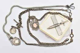 THREE ALBERT CHAINS AND FOB MEDALS, to include a graduated silver albert chain, each link is stamped