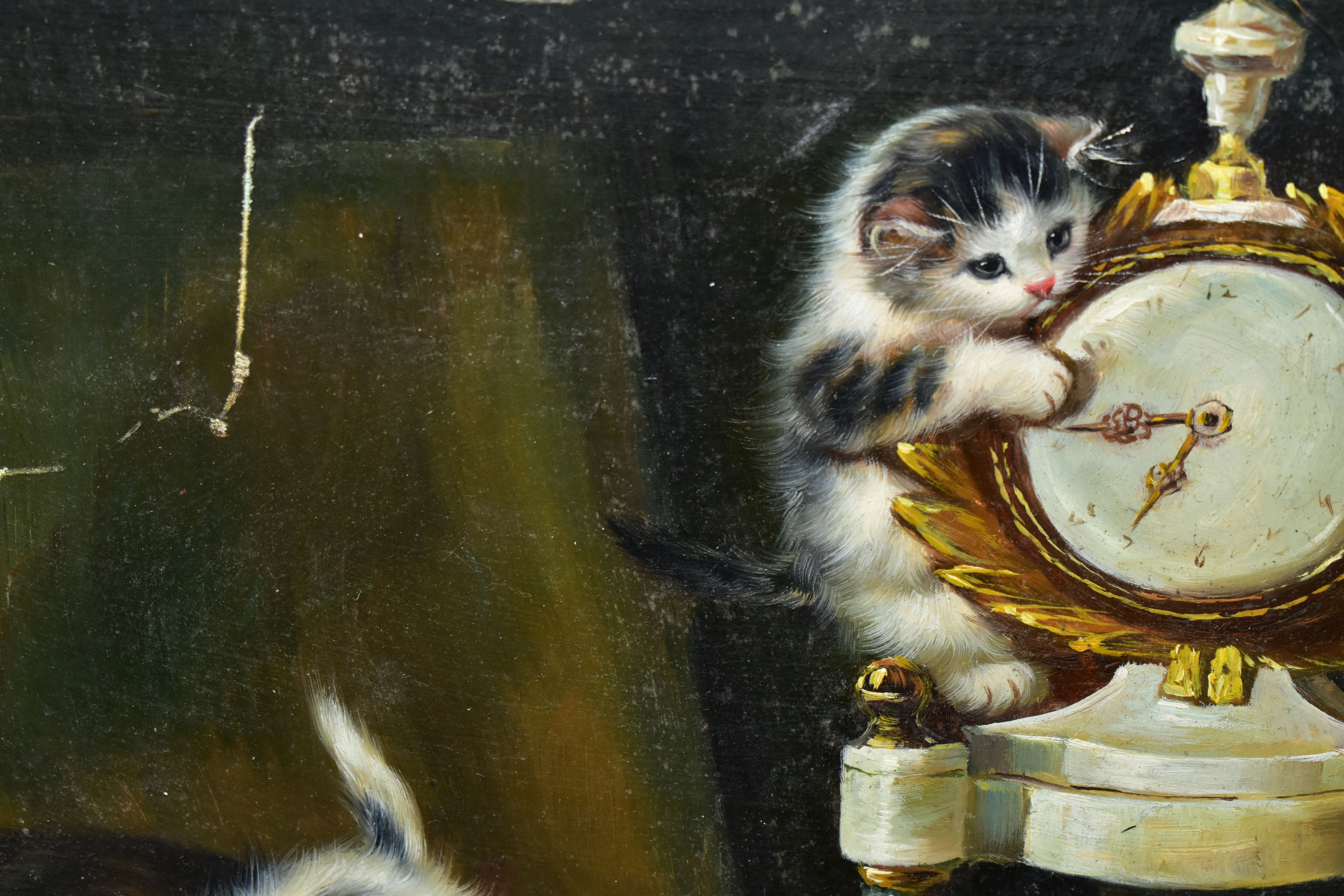 R. FLINT (20TH CENTURY) 'A CAT WITH KITTENS AT PLAY', signed bottom left, oil on wooden panel, - Image 4 of 4