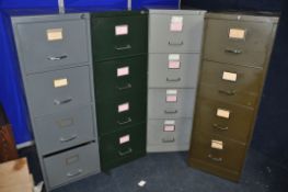 FOUR FILING CABINETS comprising of three unbranded four draw filing cabinets and a Harvey four