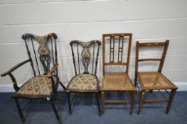 AN ART NOUVEAU BEECH ELBOW CHAIR, and a matching chair (condition:-both chairs rickety) and a two