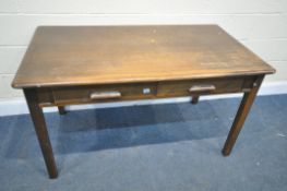 A MID 20TH CENTURY OAK DESK, with two drawers, width 136cm x depth 76cm x height 77cm (condition:-