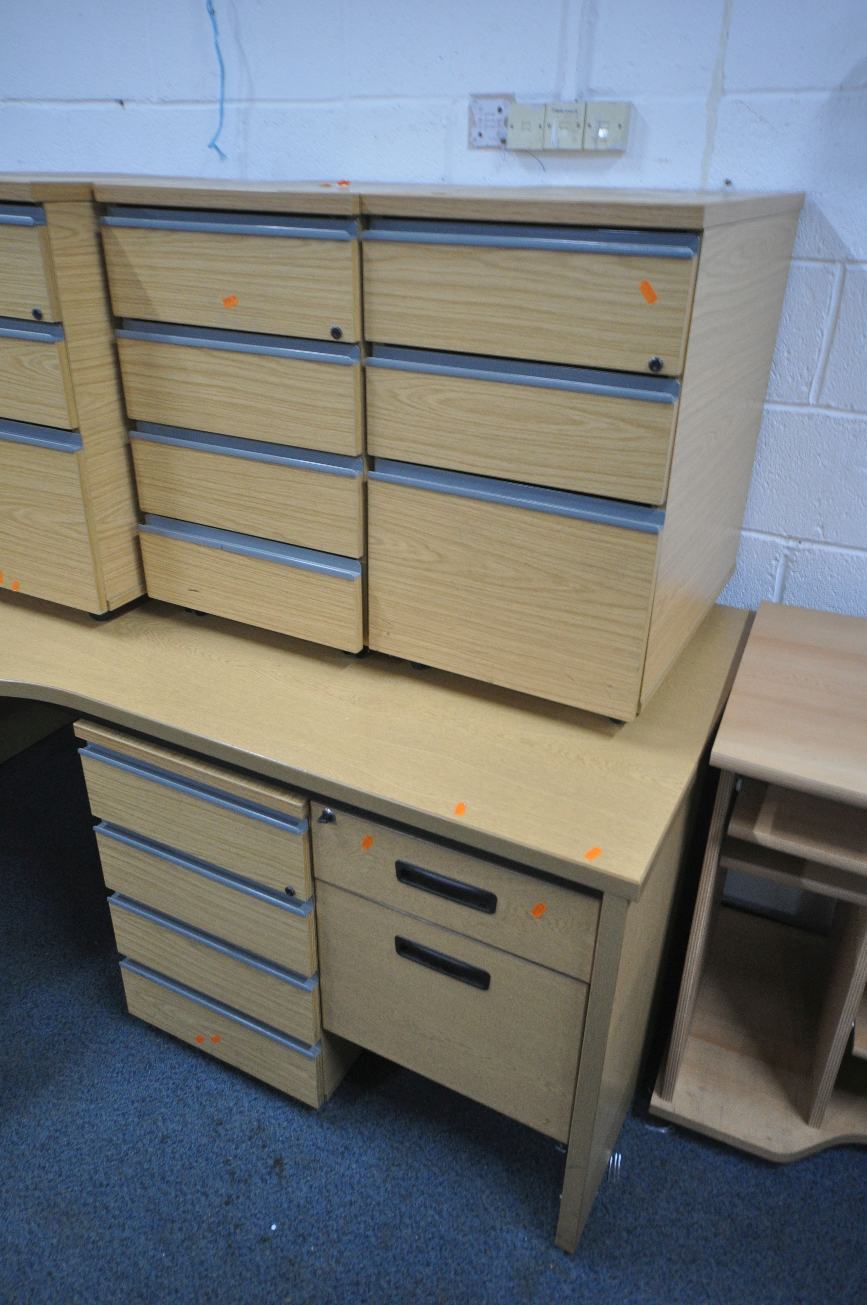 A LARGE SELECTION OF LIGHT WOOD OFFICE FURNITURE, to include six various desks and seven various - Image 3 of 4