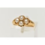 A MID VICTORIAN 18CT GOLD SPLIT PEARL RING, the four split pearls claw set in a quatrefoil design,